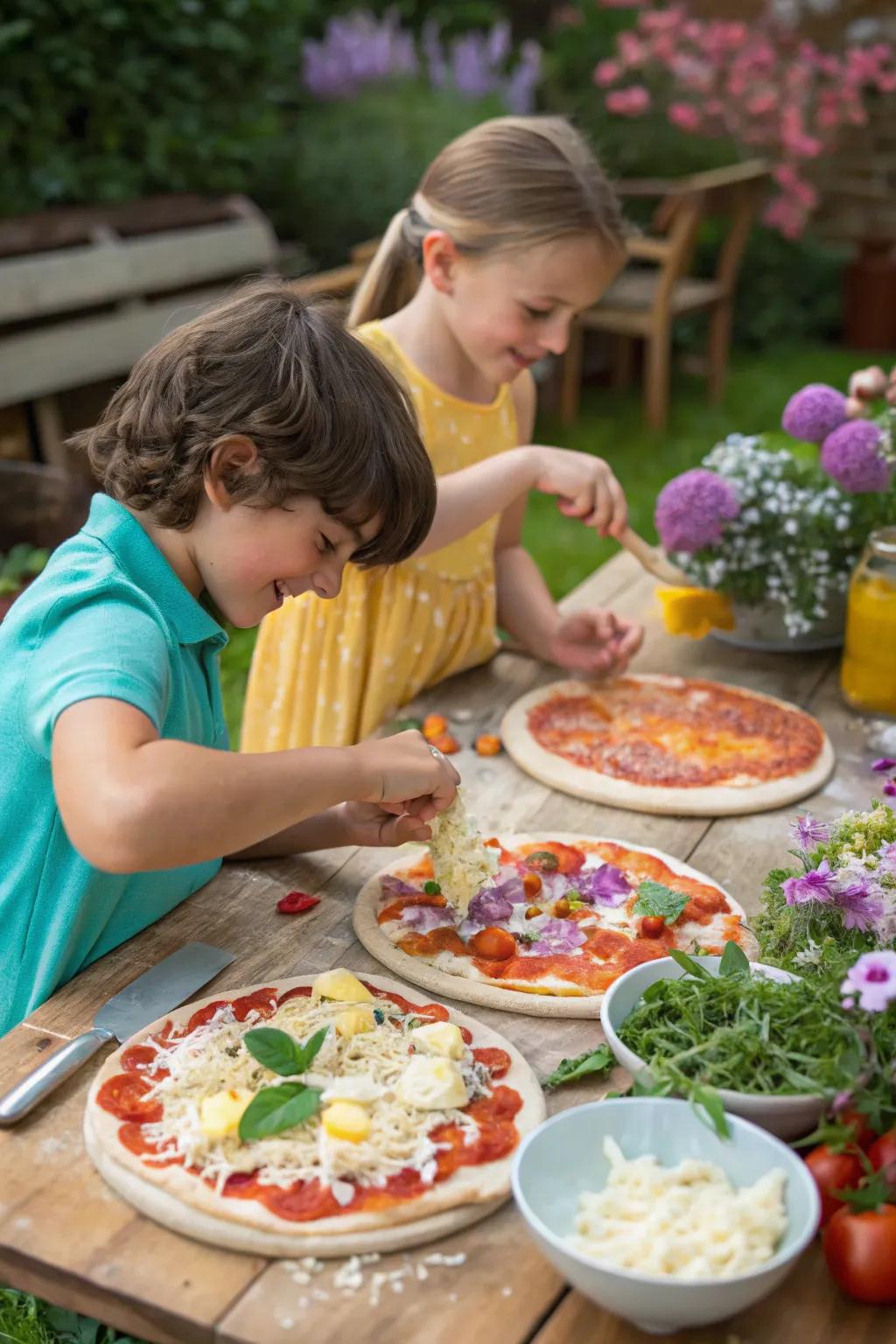 A DIY pizza party with children creating their own pizzas.