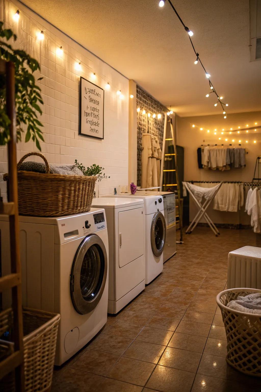 Warm ambient lighting enhancing the cozy vibe of the laundry room.