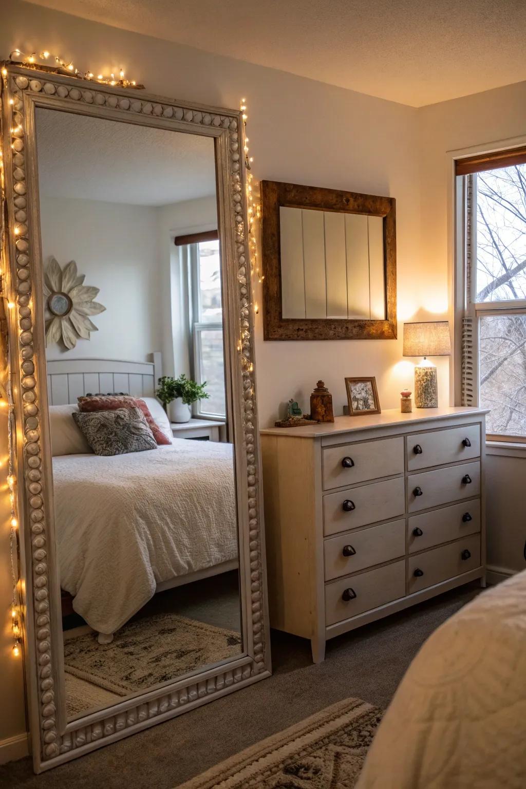 A strategically placed mirror enhances light and creates a sense of space.