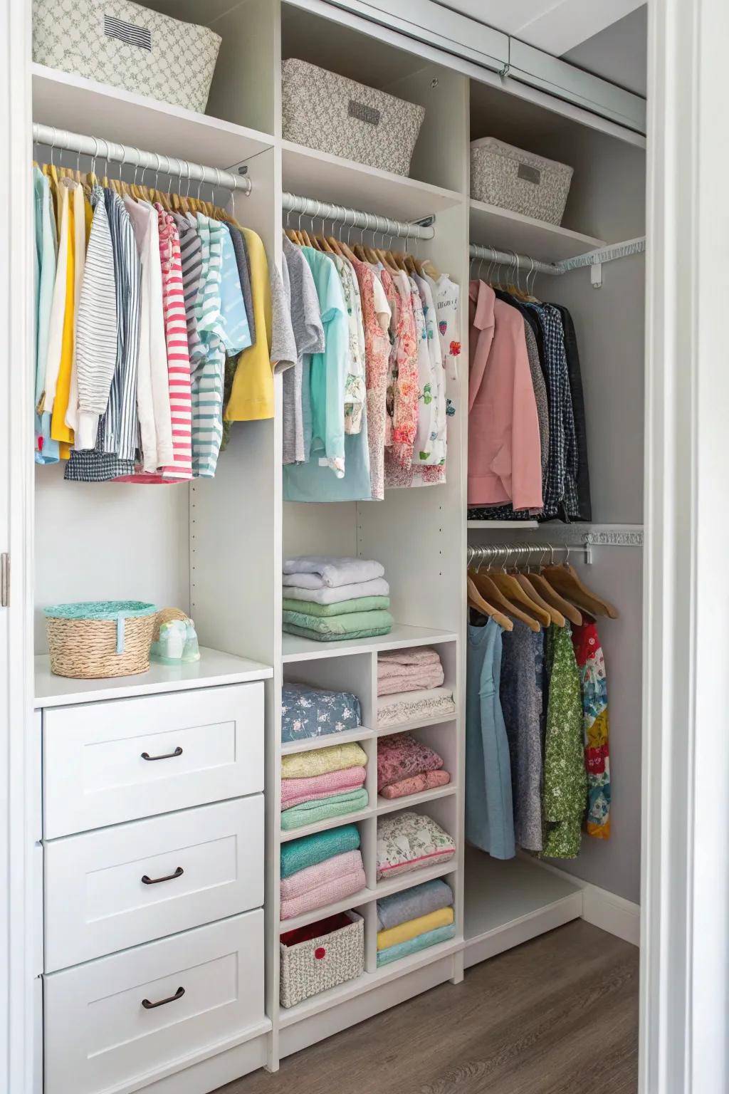 Closet organizers maximize storage potential in small spaces.