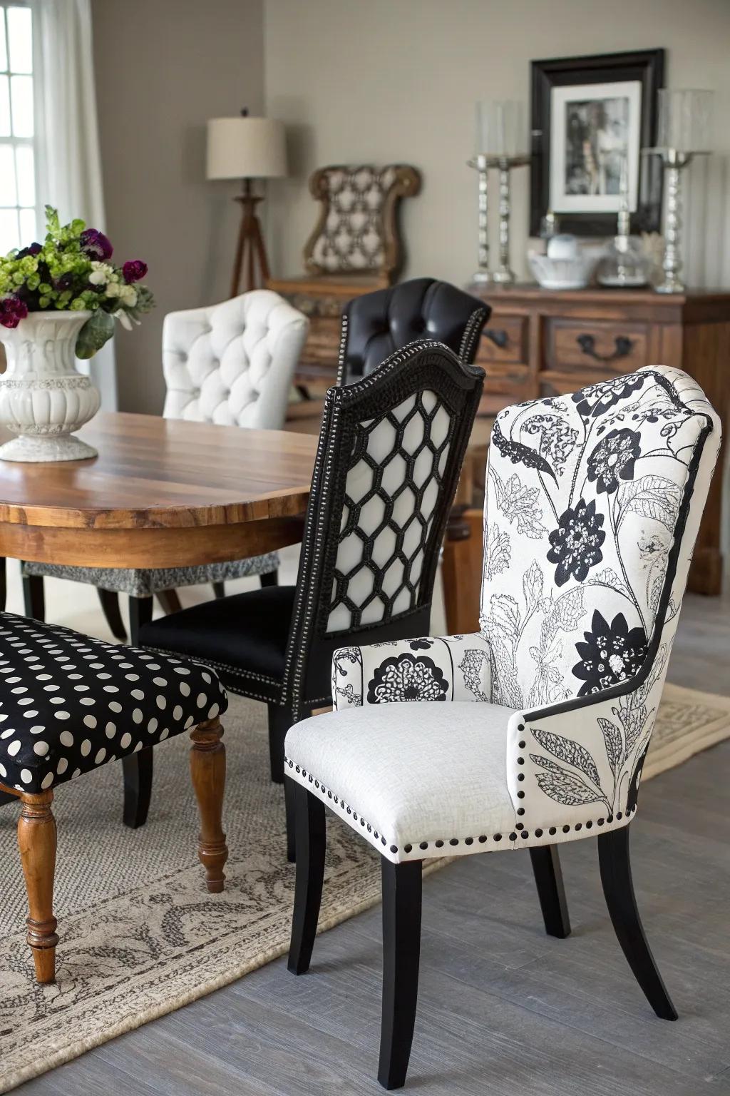 Eclectic chairs add personality to the dining space.