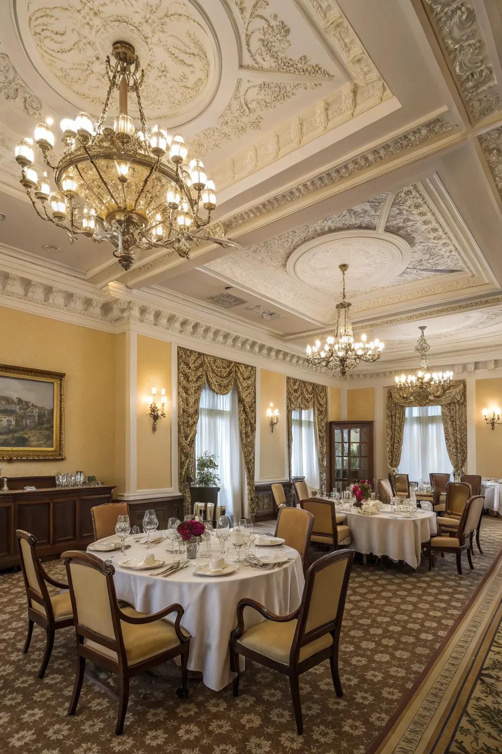 Intricate moldings lend a sophisticated touch to this dining room ceiling.