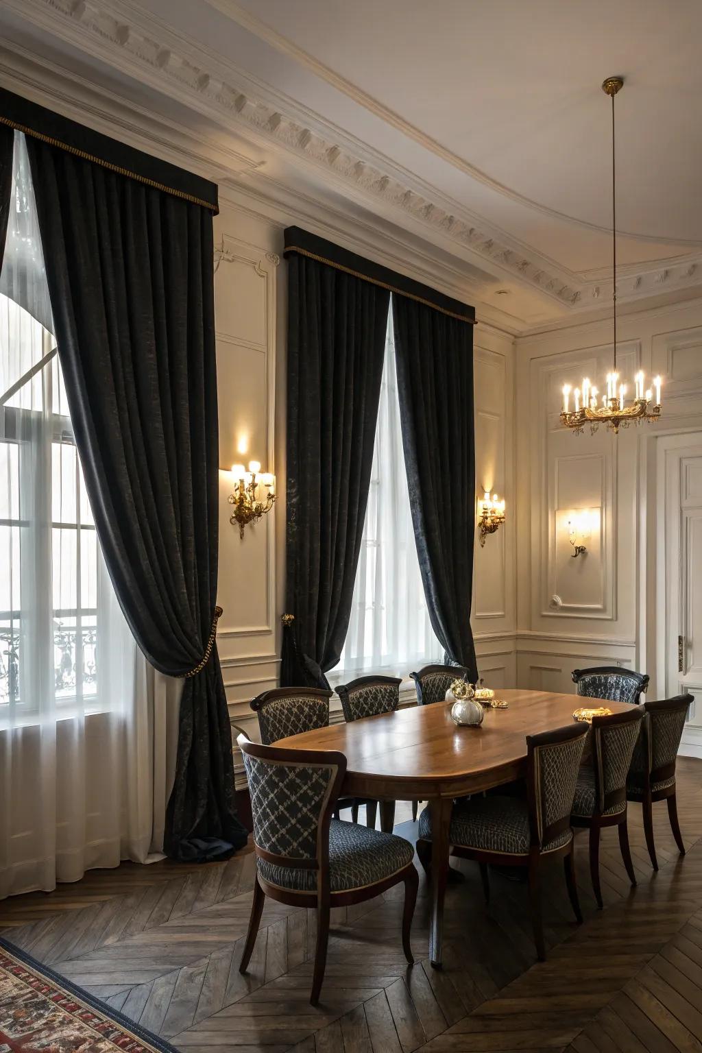 Dark drapes add drama and luxury to your dining room.