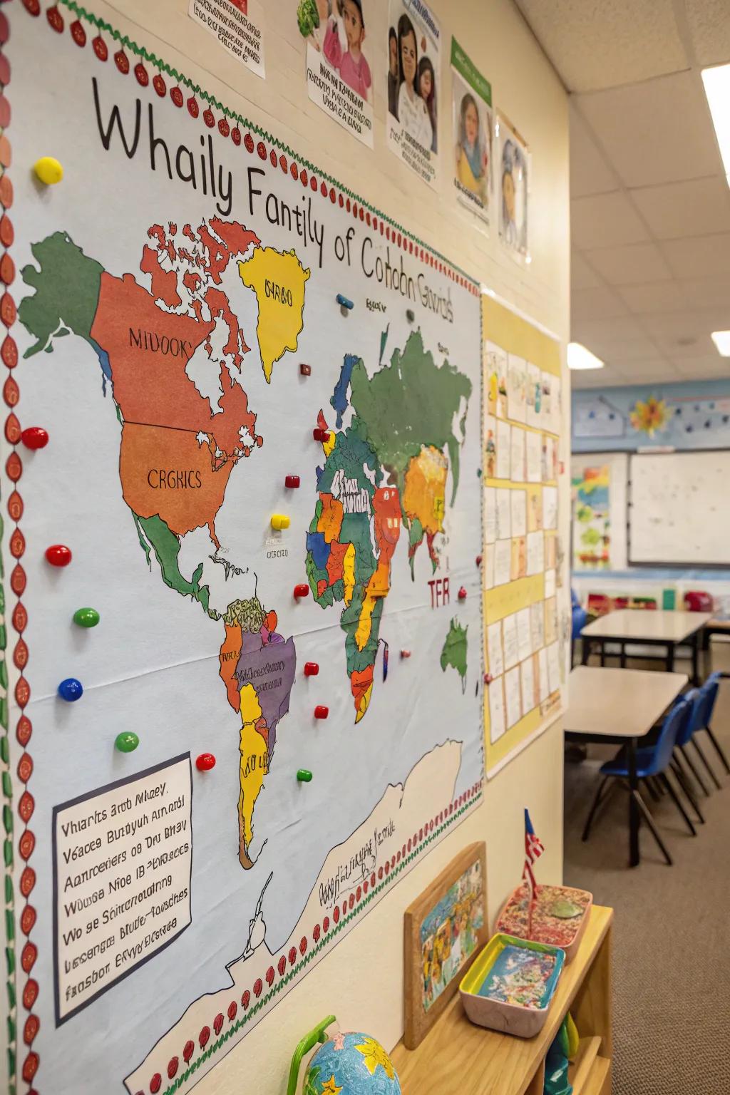 An interactive bulletin board map showing the origins of children's families.
