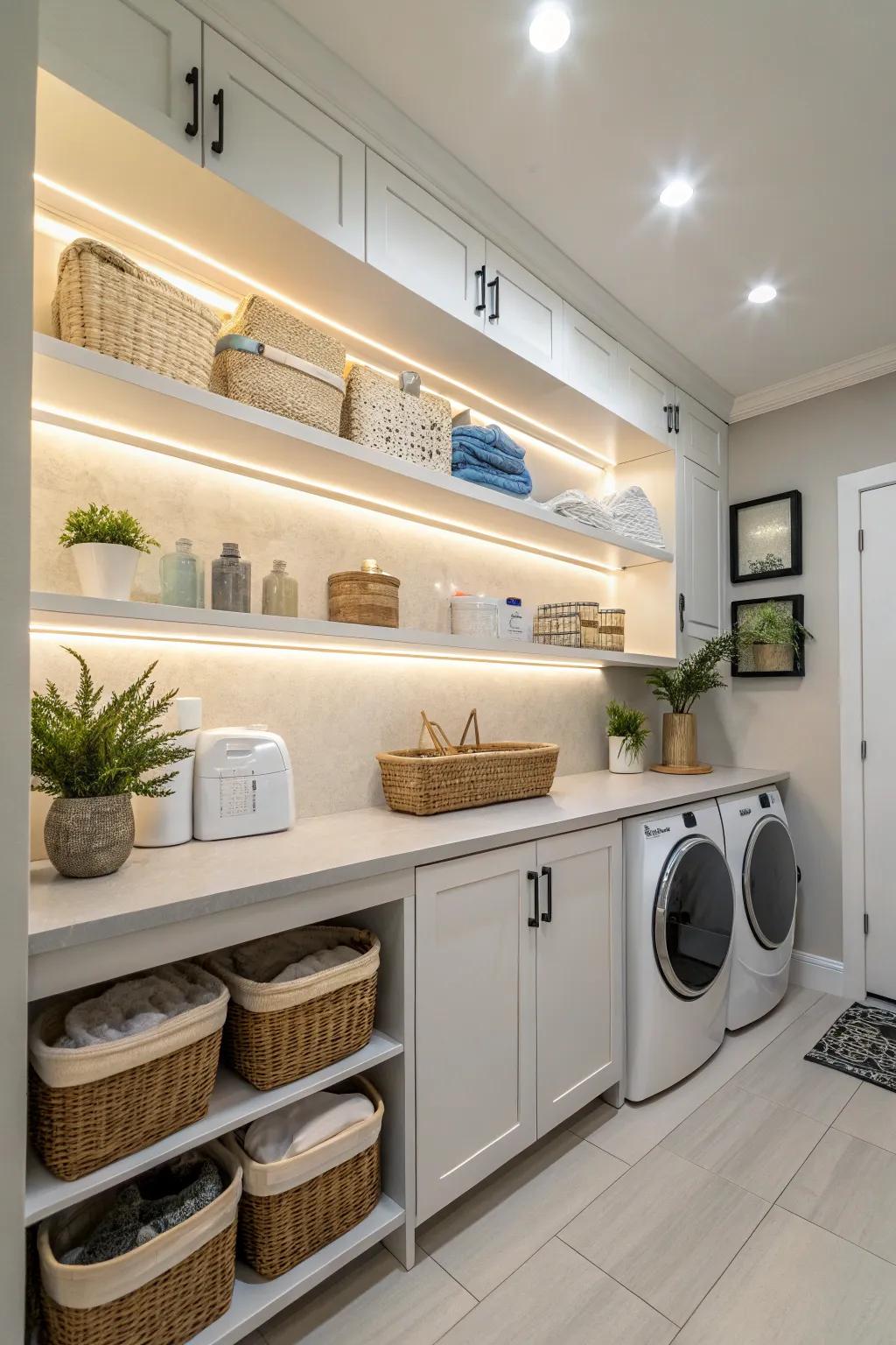 Integrated shelf lighting adding a subtle glow to the laundry room.
