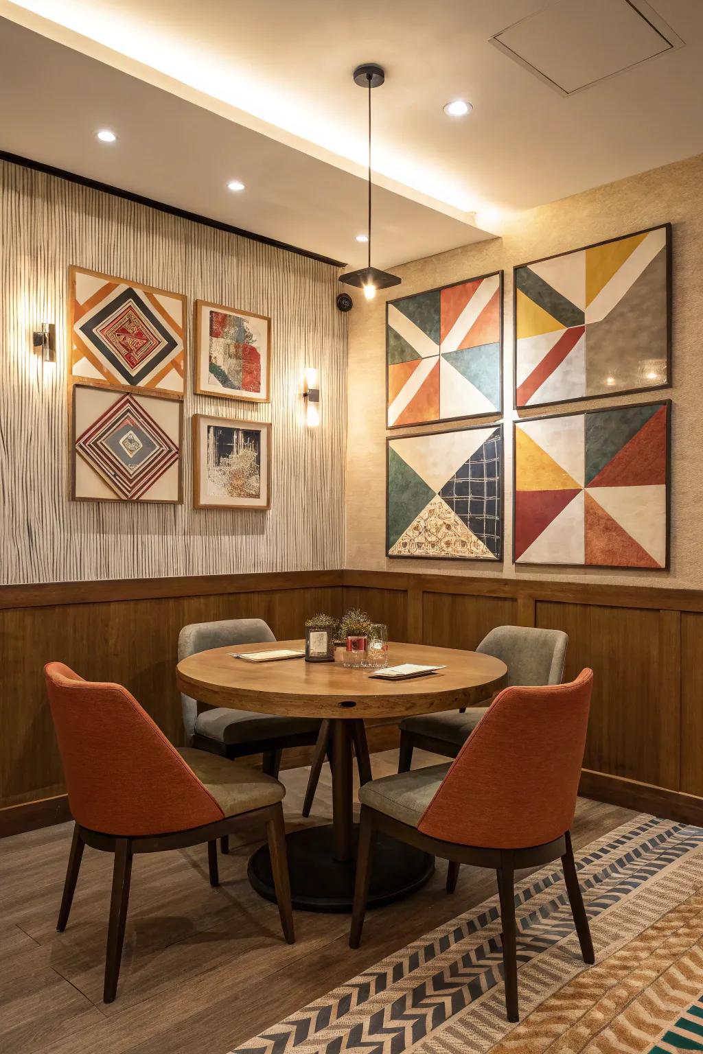 Abstract art featuring geometric shapes adds personality and color.