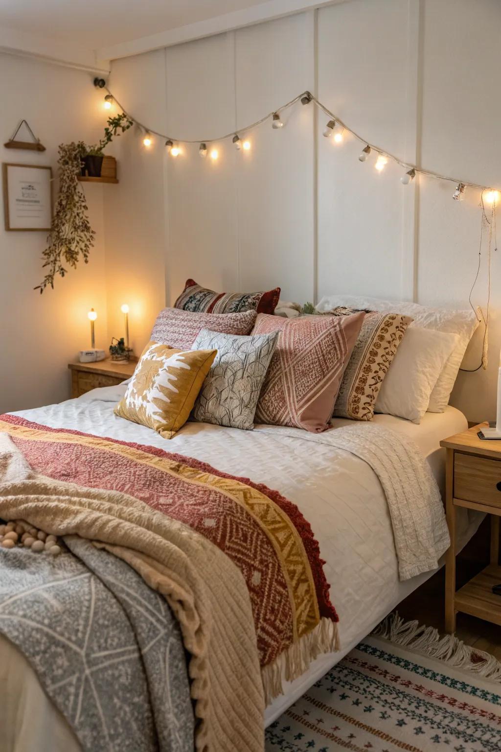 Layered textiles create a warm and inviting atmosphere.