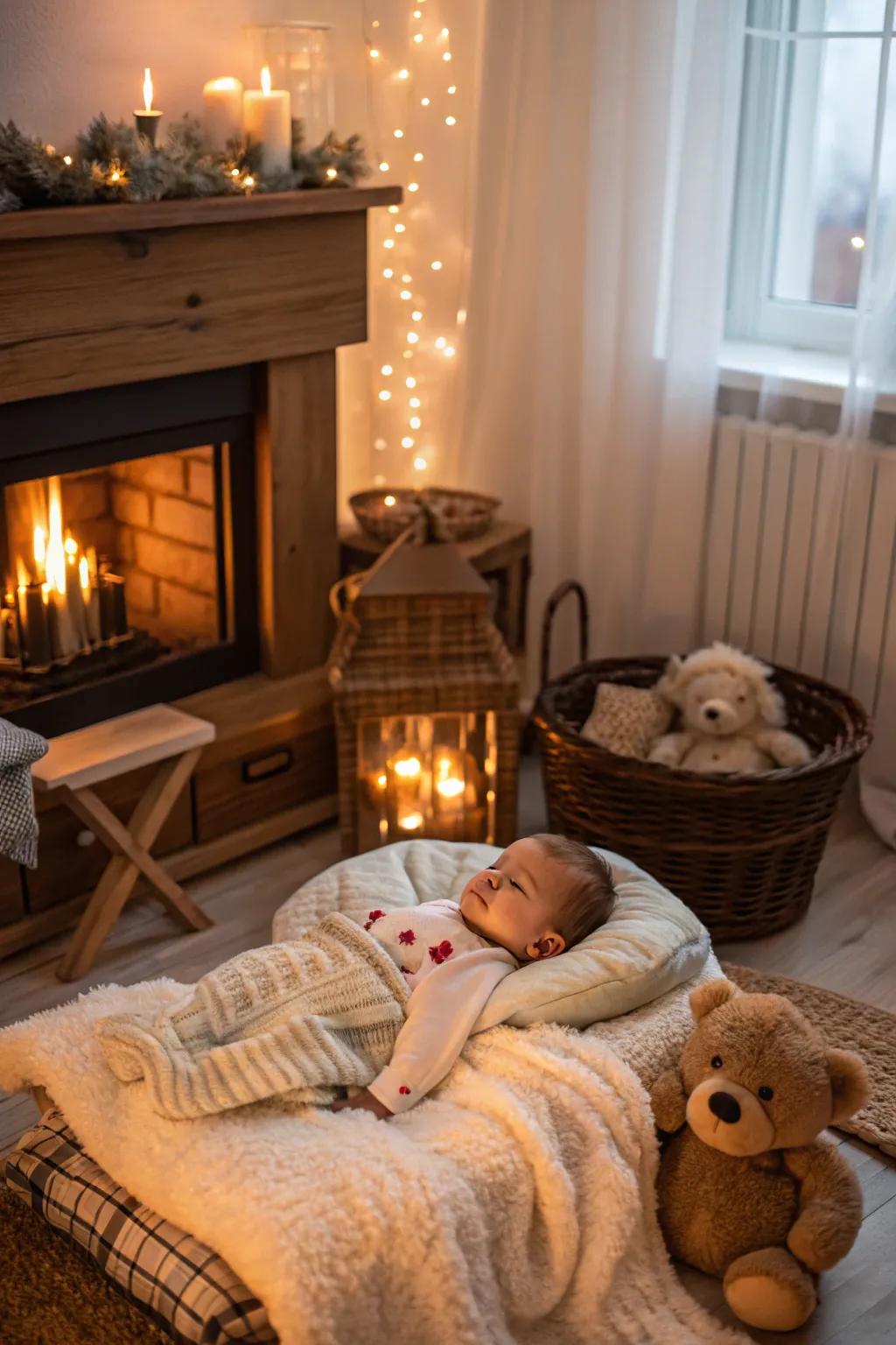 Create a warm and inviting scene with a fireplace glow.