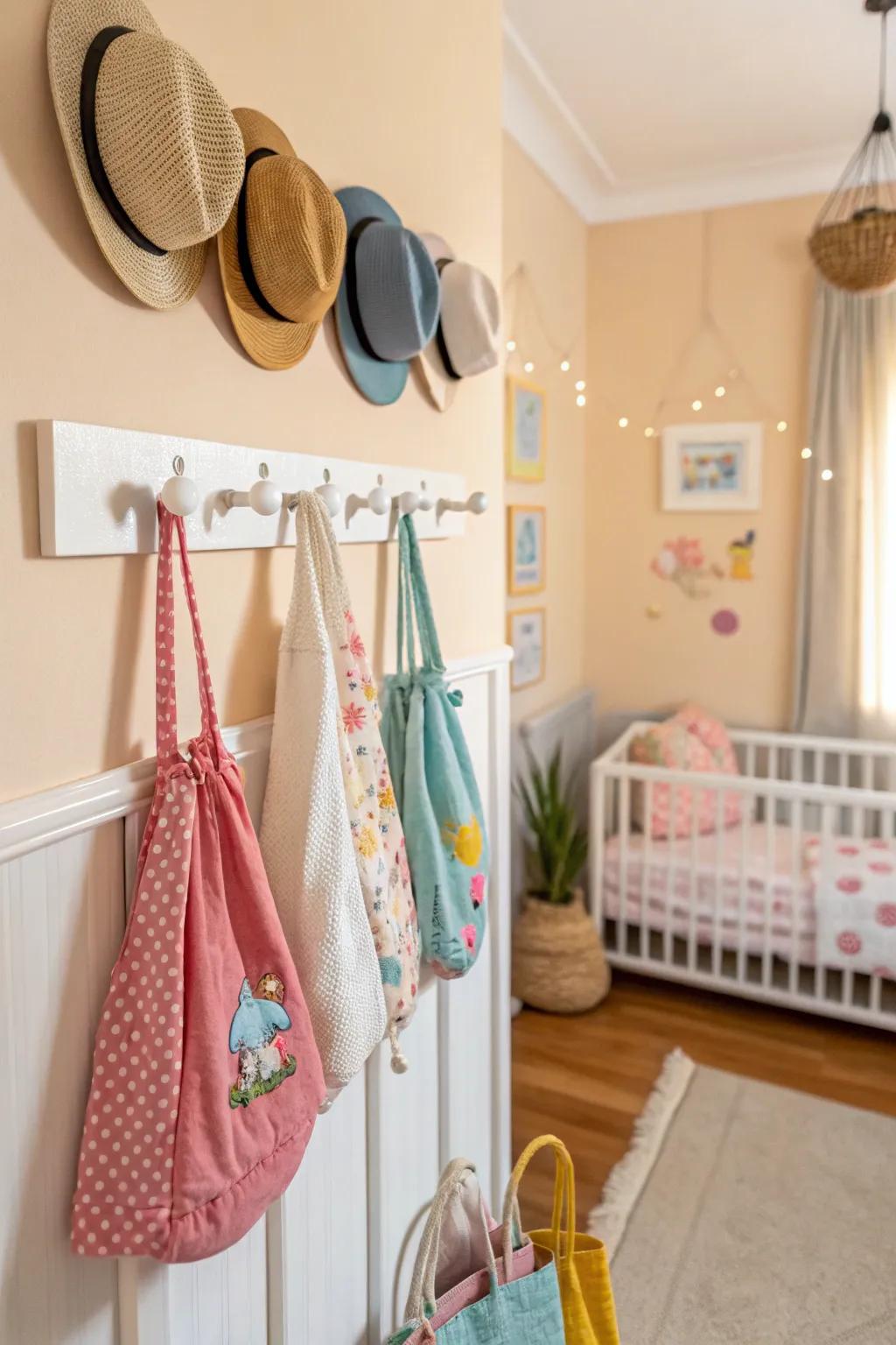 Wall hooks provide a practical and decorative storage solution.