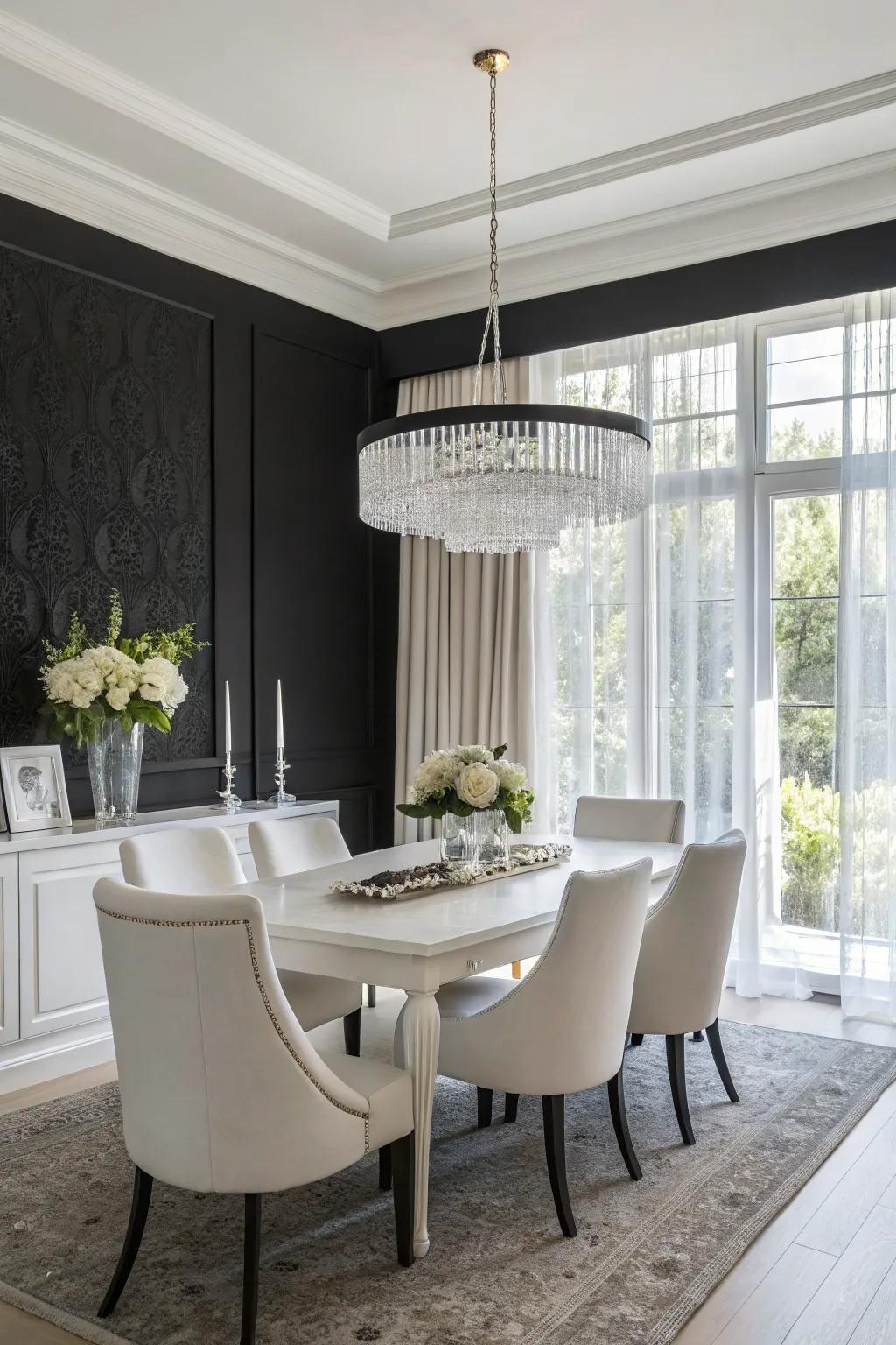 A black accent wall creates a dramatic backdrop in the dining room.