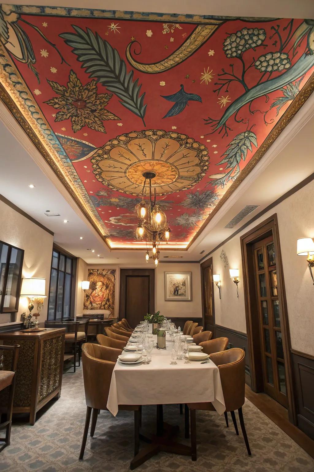 A mural ceiling transforms this dining room into an artistic haven.