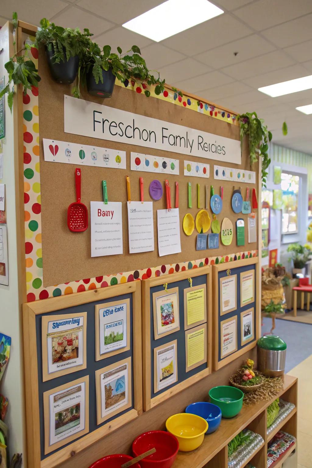 A bulletin board showcasing a variety of family recipes, complete with kitchen-themed decor.