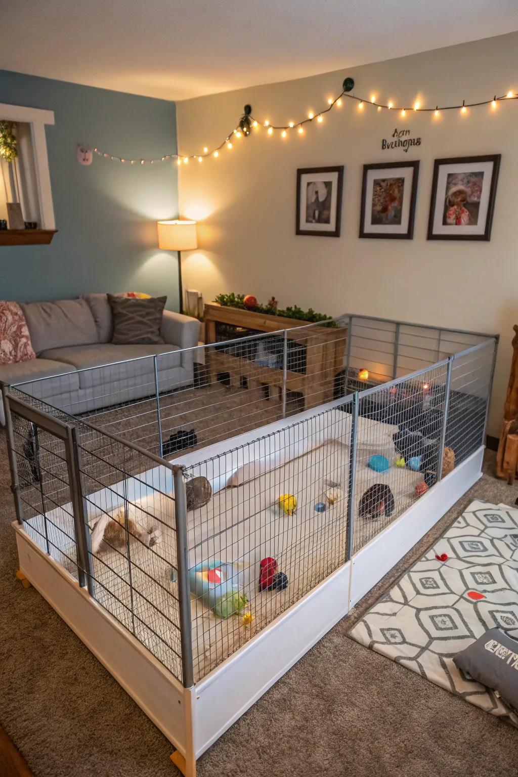 An expandable cage with adjustable play areas, perfect for a cozy family room.