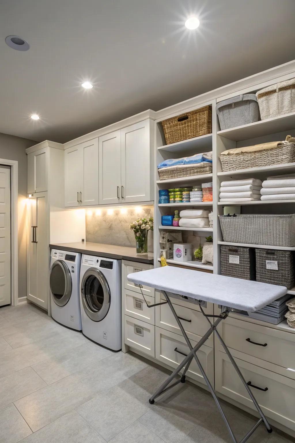 Versatile lighting solutions in a multi-functional laundry room.
