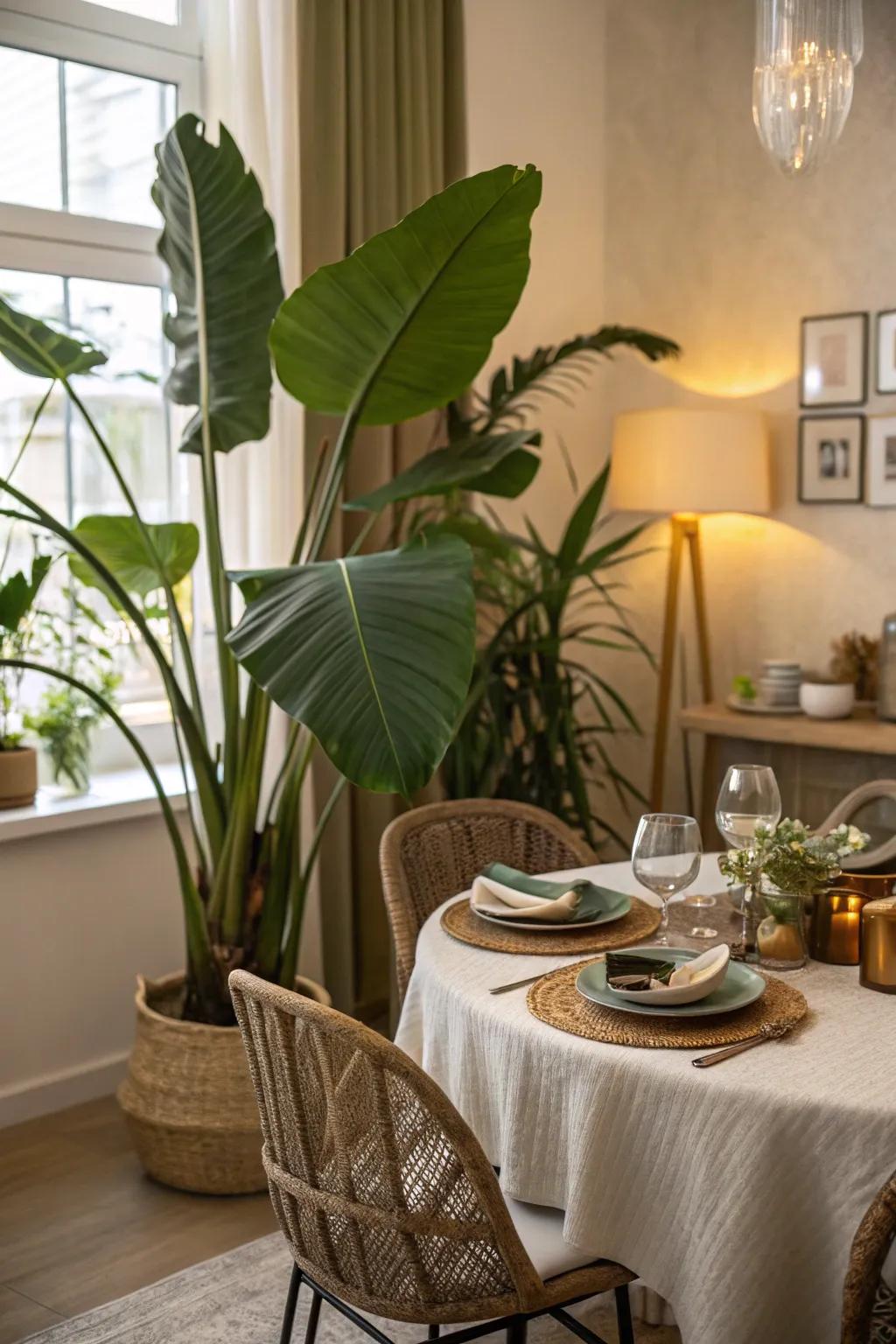 A touch of greenery brings life and freshness to the dining space.