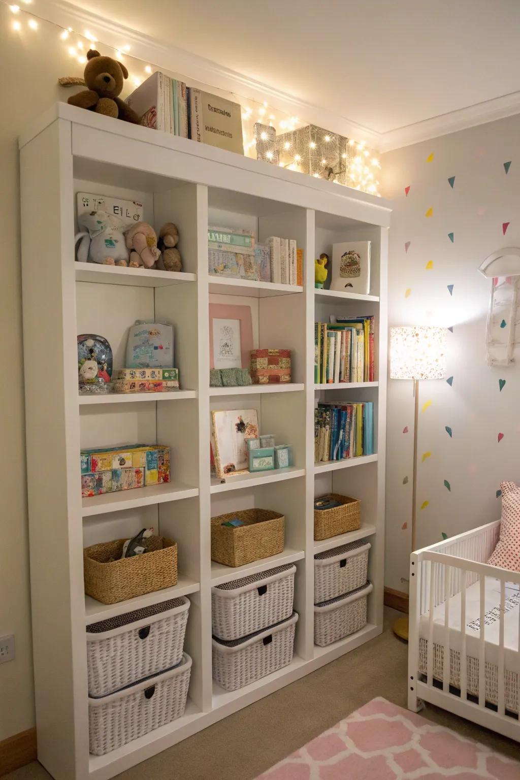 Tall shelves efficiently use vertical space in a nursery.