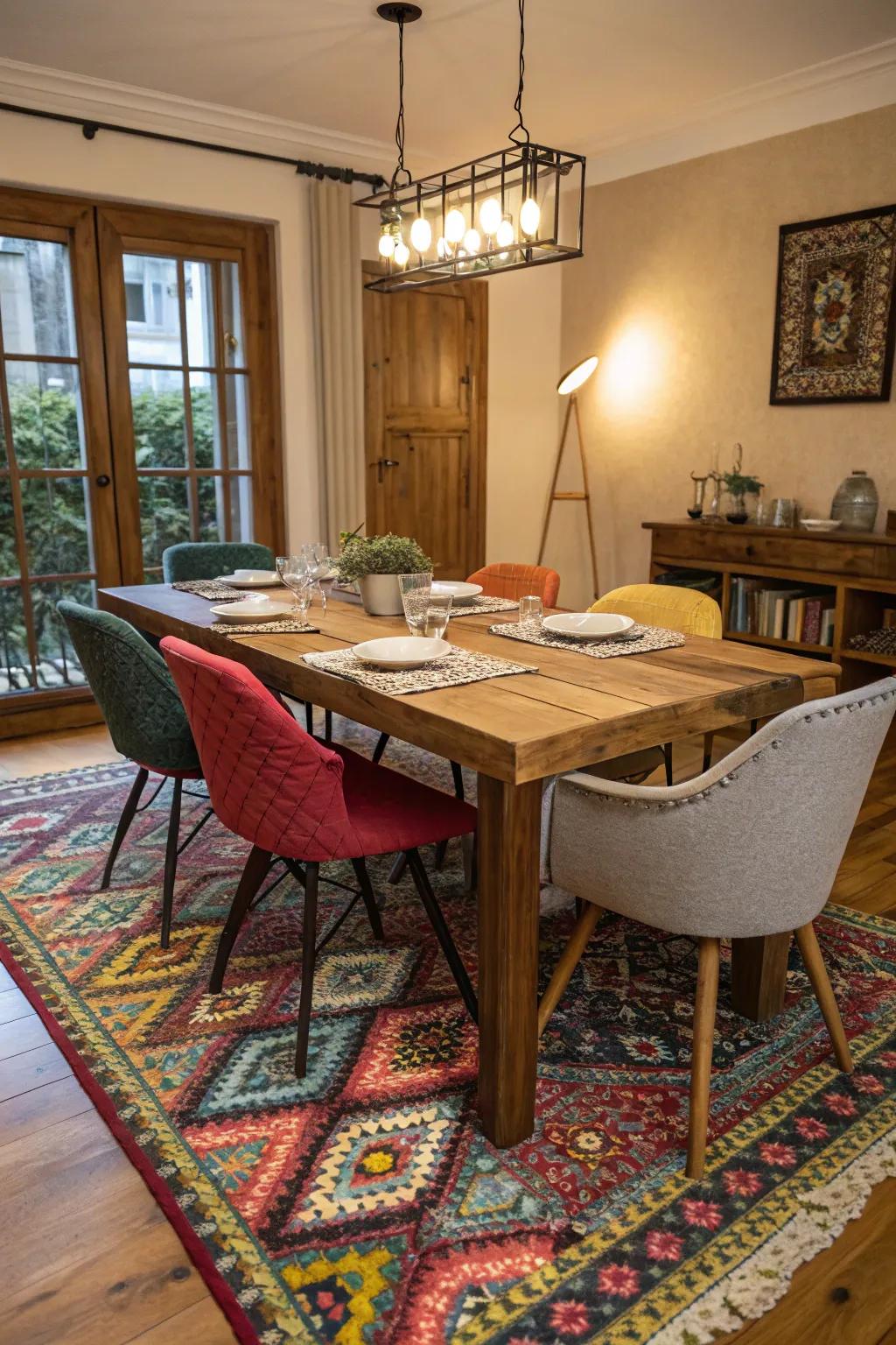 An eclectic mix of furniture styles brings personality to the dining room.