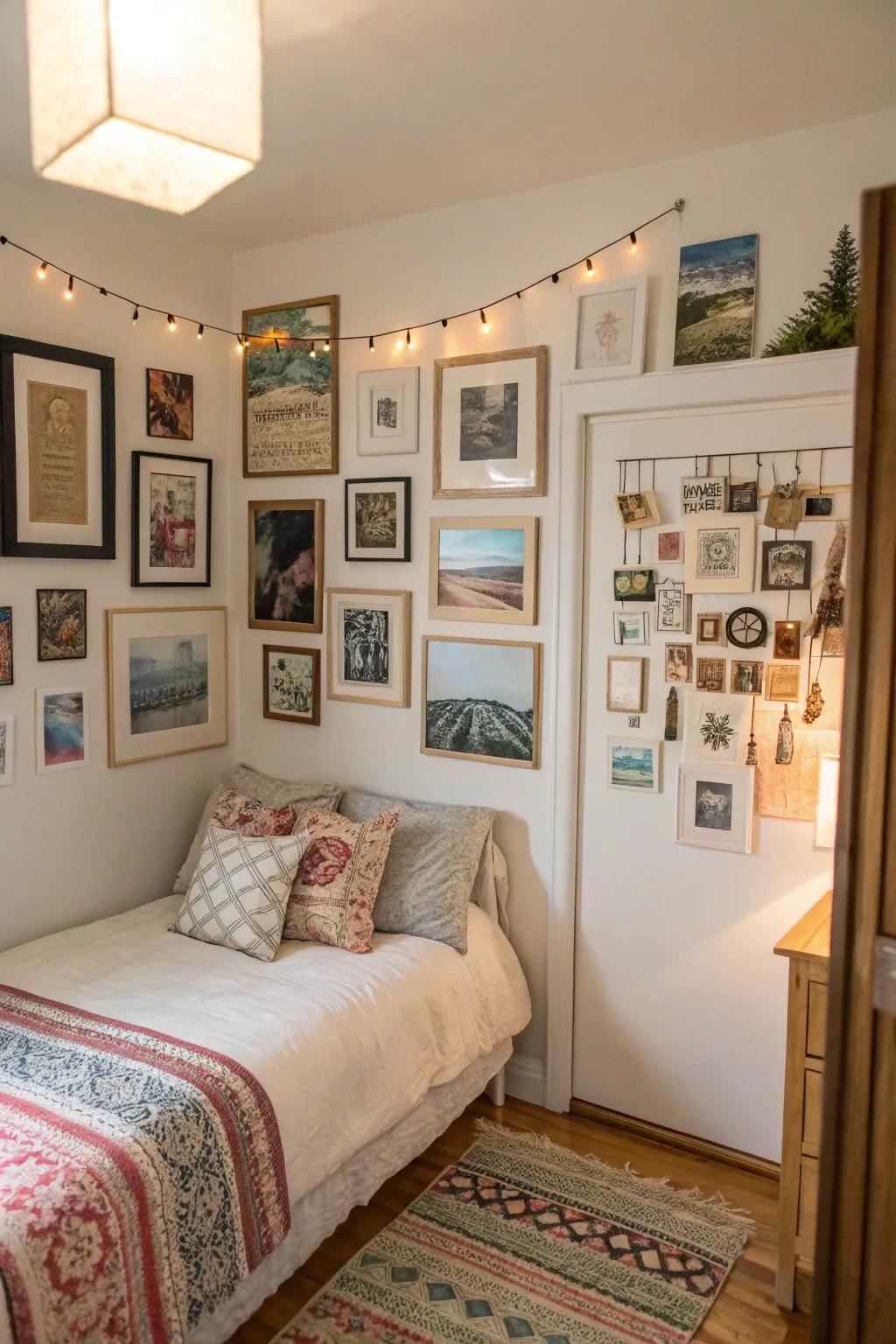 A gallery wall adds personality and showcases personal interests.