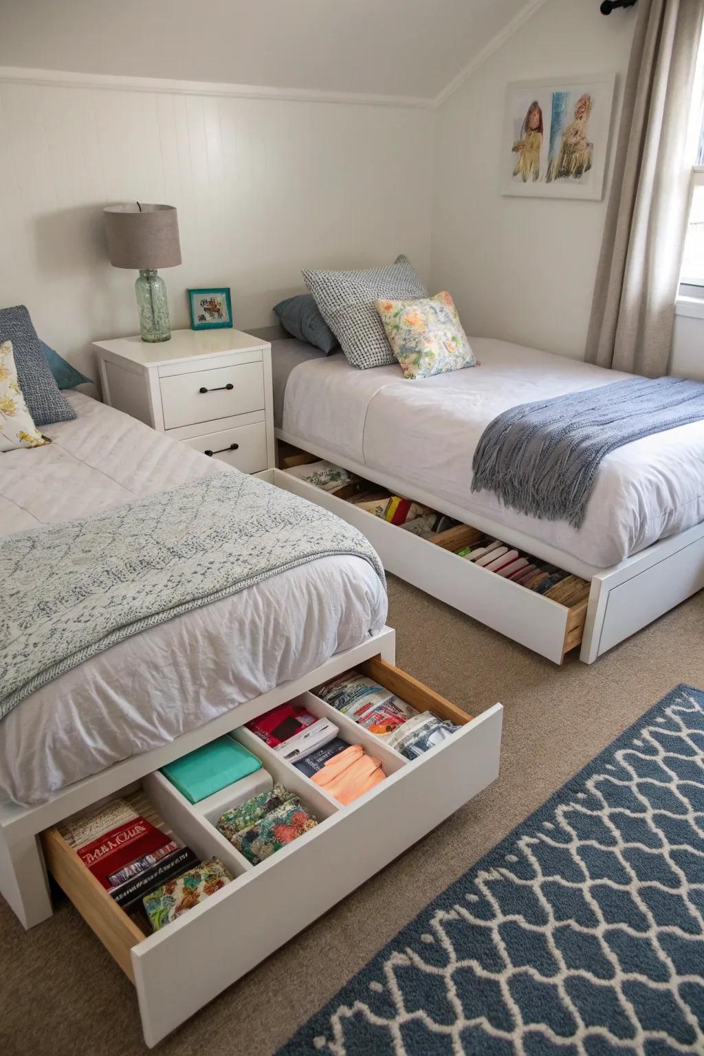 Under-bed storage keeps the room organized and clutter-free.