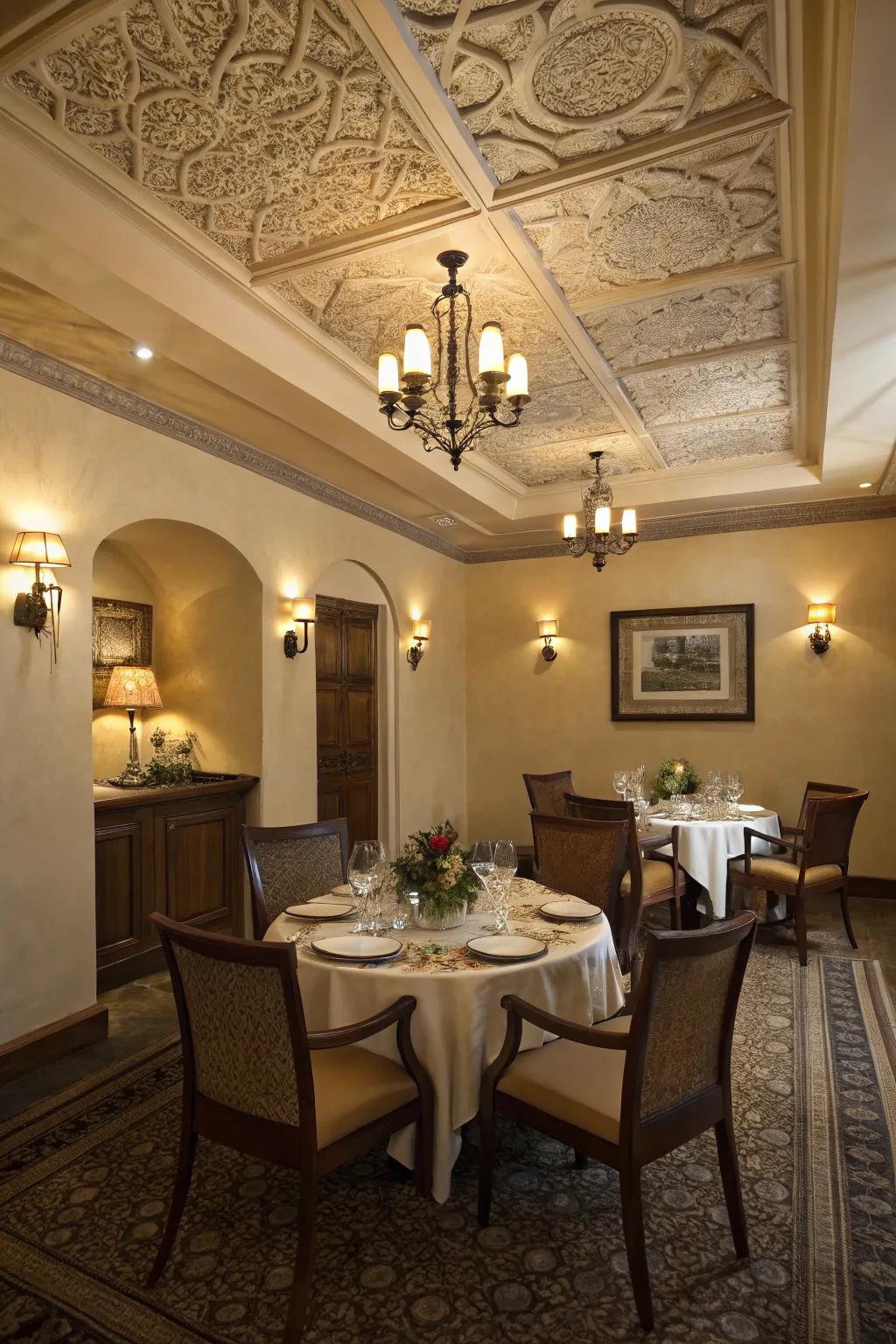 Accent lighting emphasizes the architectural features of this dining room ceiling.