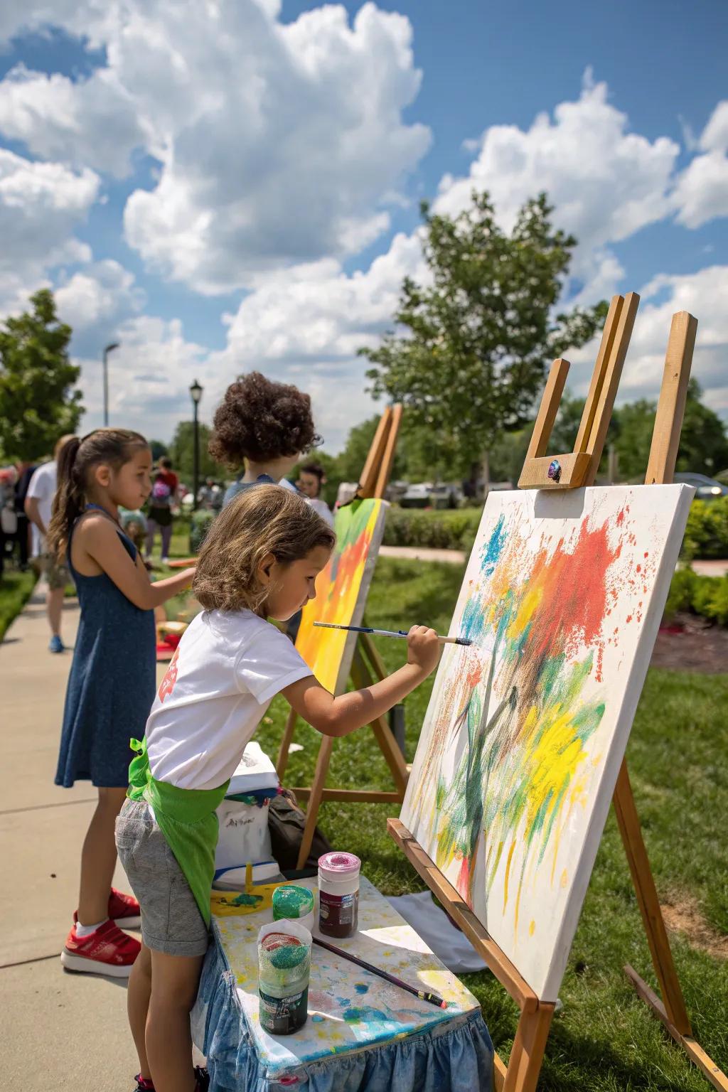 Children expressing creativity at an outdoor art and craft station.