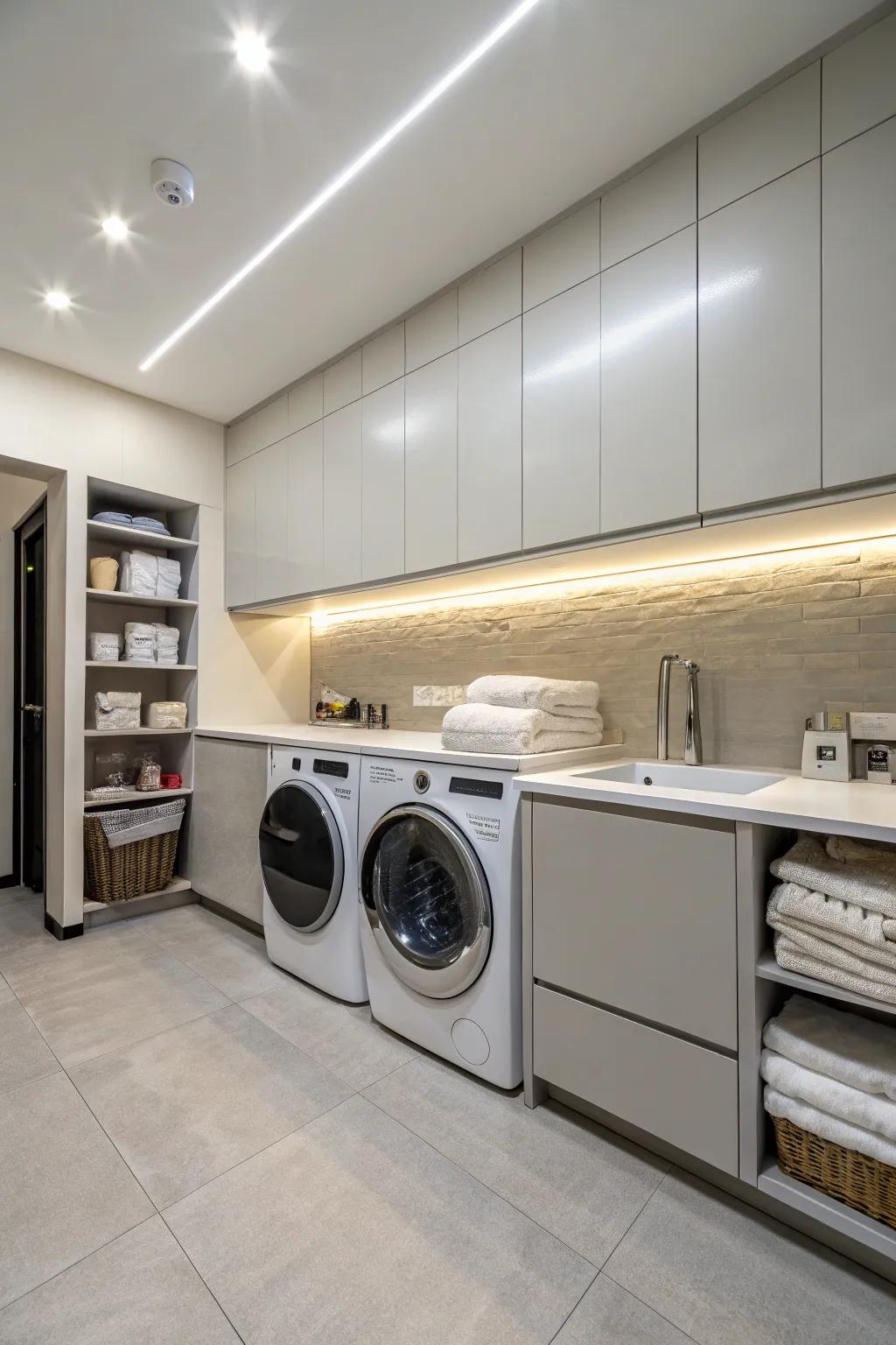 Bright and efficient LED lighting in a contemporary laundry room.