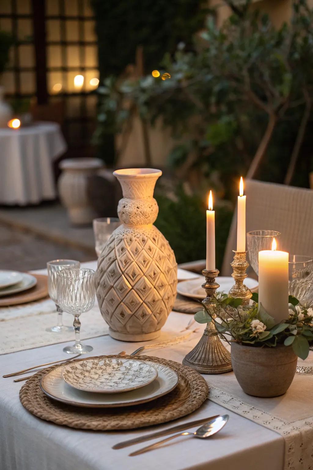 A sculptural vase and candles create a focal point on the dining table.