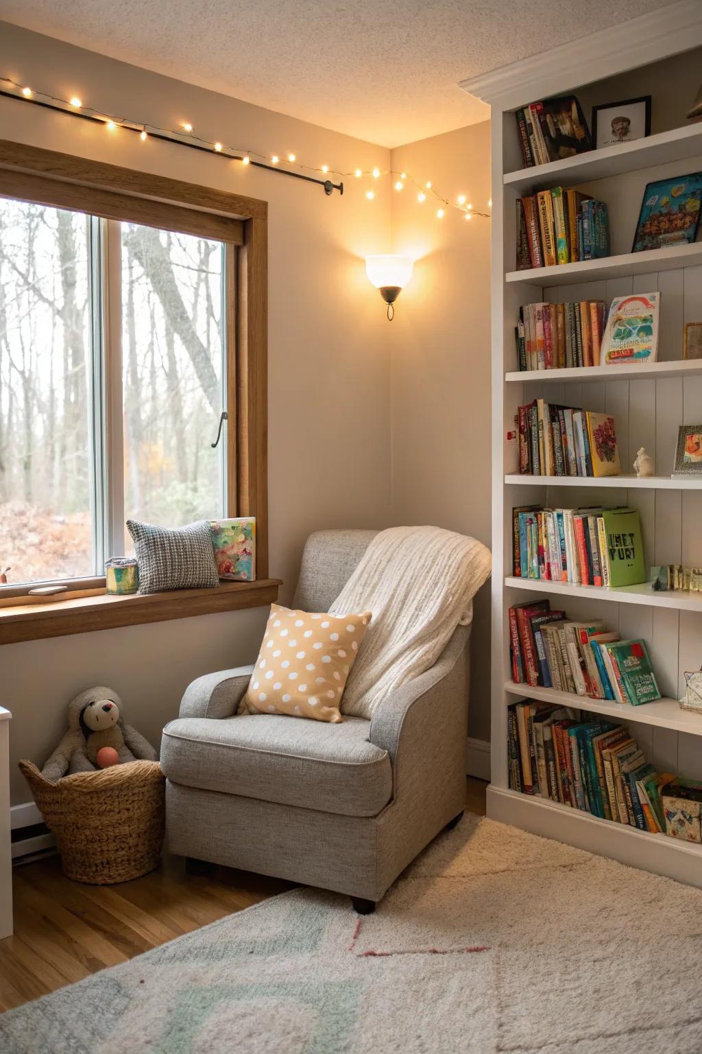 A reading nook offers a peaceful retreat for young minds.