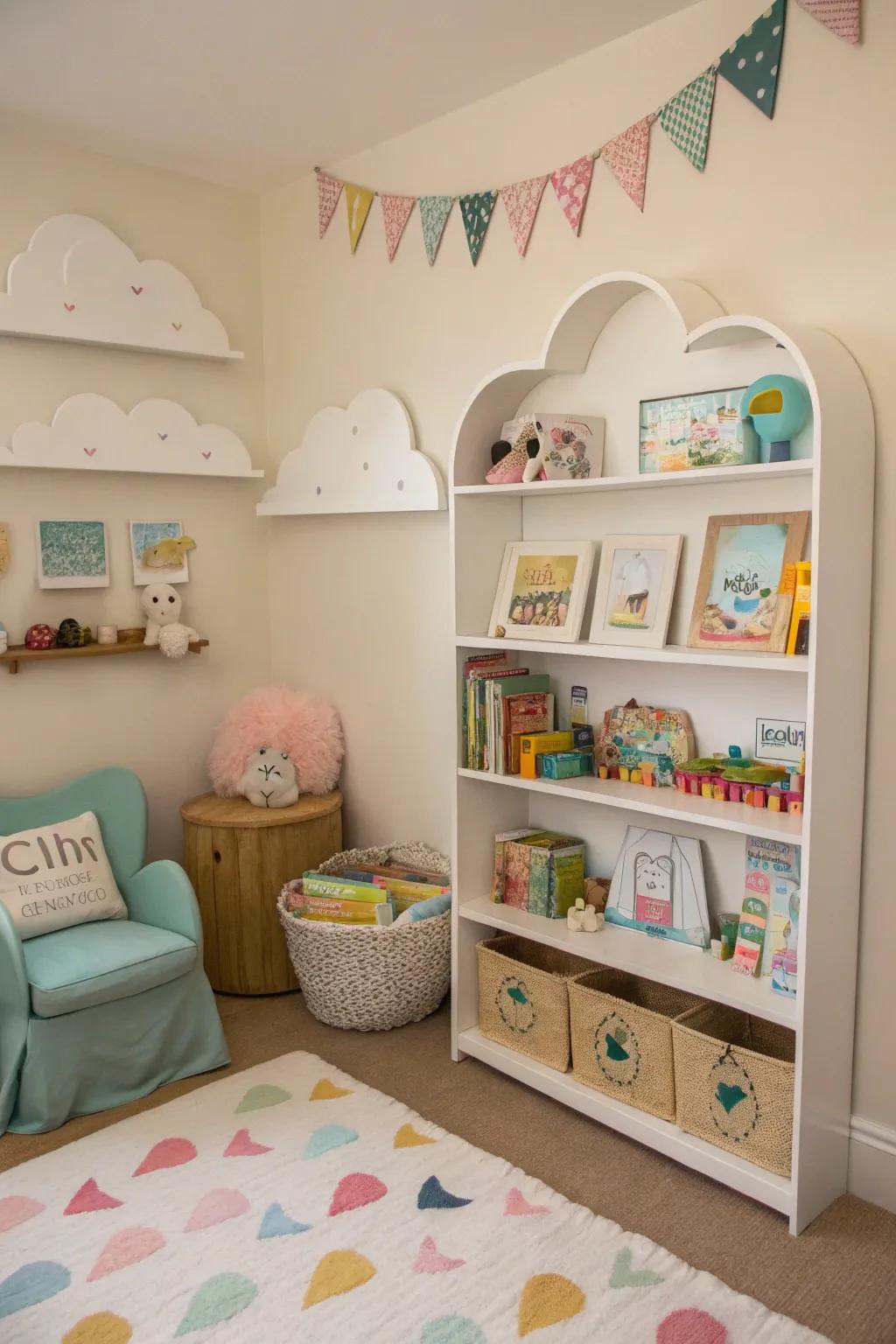 Cloud-shaped shelves add whimsy to a nursery setup.