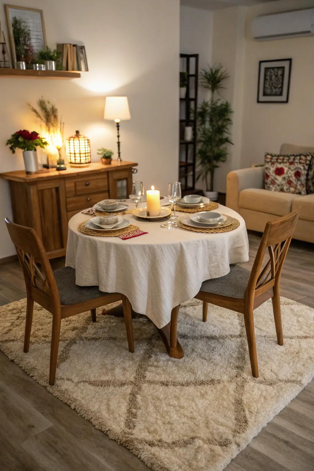 A cozy rug invites warmth and comfort into your dining area.