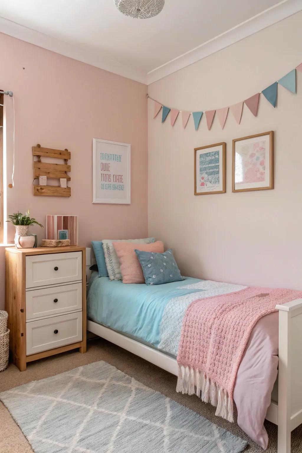 Pastel colors offer a serene and spacious ambiance.