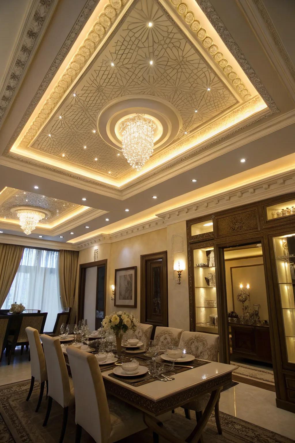 Tray ceilings add depth and a sense of spaciousness to this dining room.