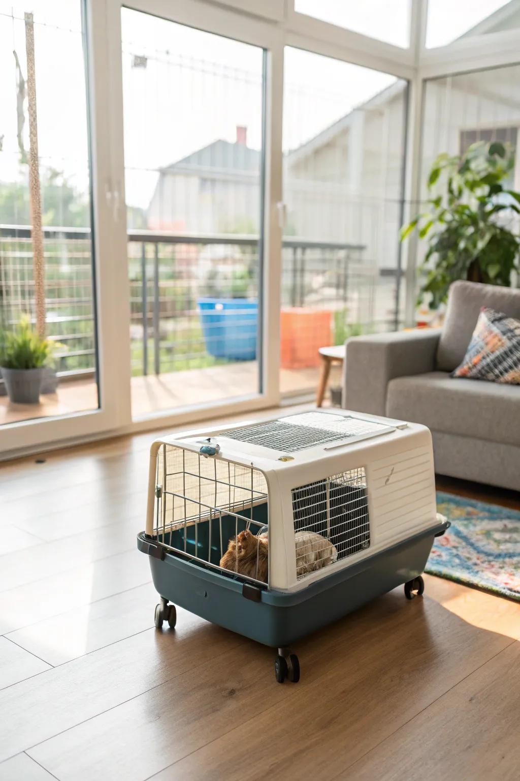 A portable cage on wheels, offering flexibility in a bright, airy living space.