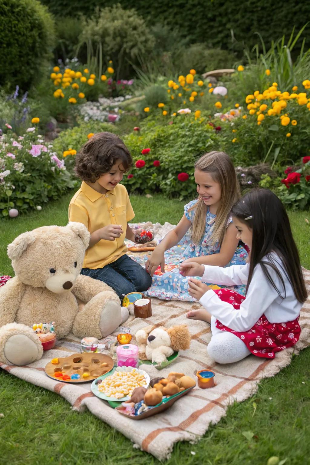 A delightful teddy bear picnic with children and stuffed animals.