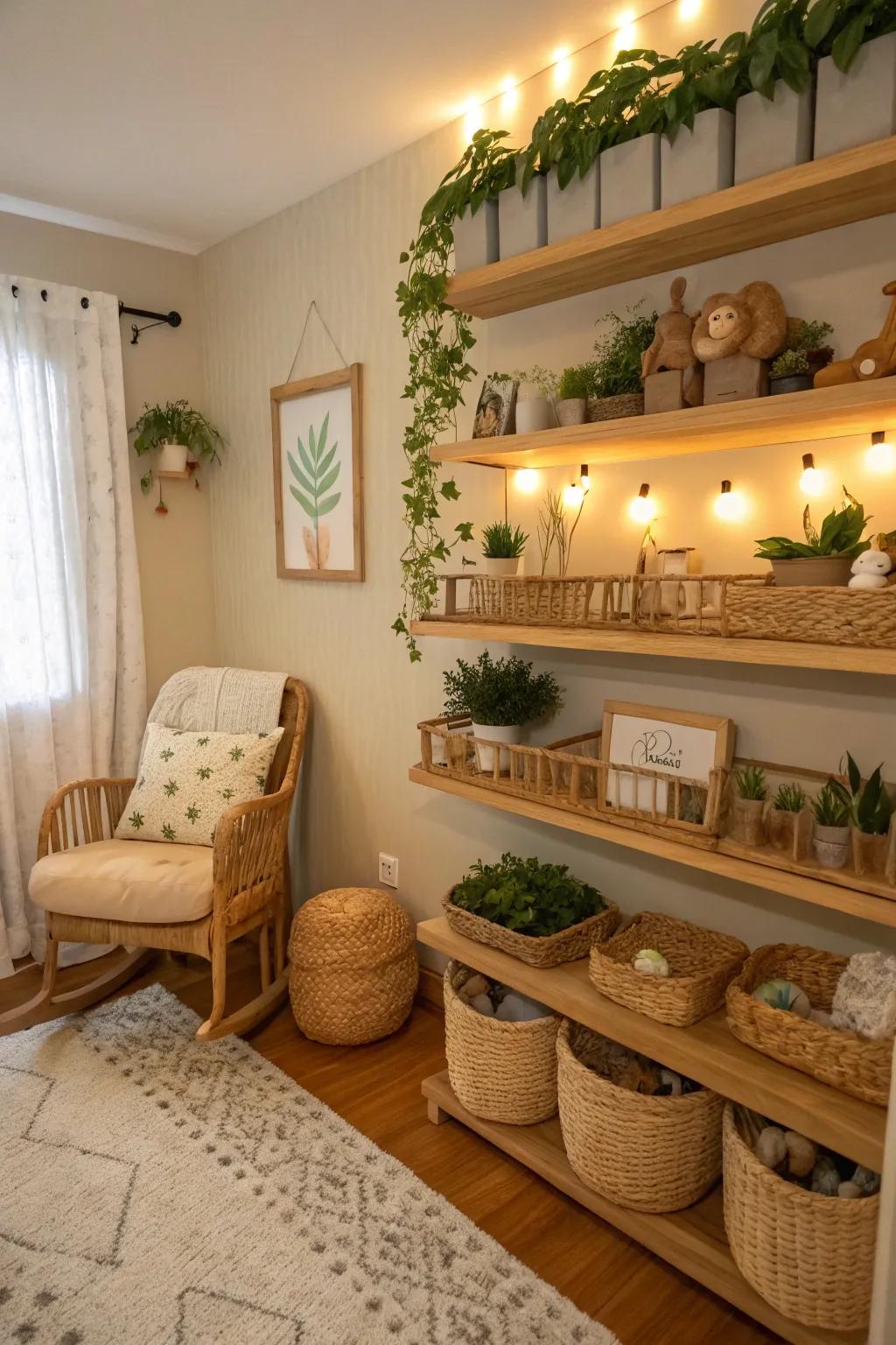 Natural wood shelves provide a calming, earthy feel.