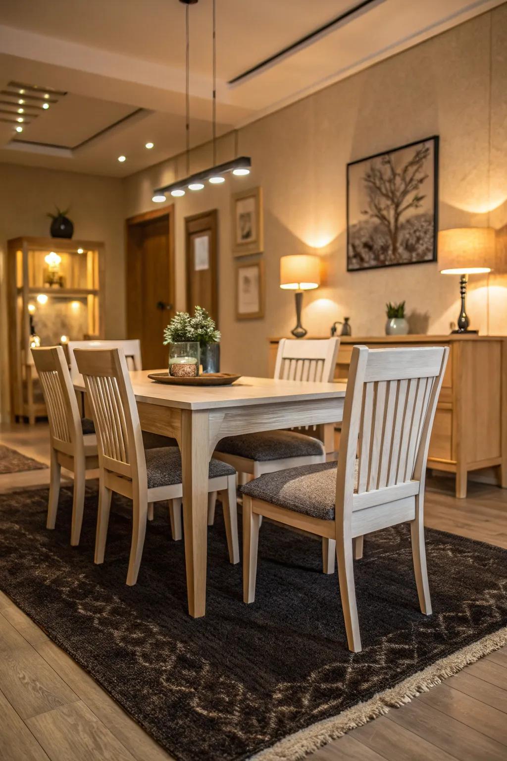 Contrast between rug and furniture brings visual interest.