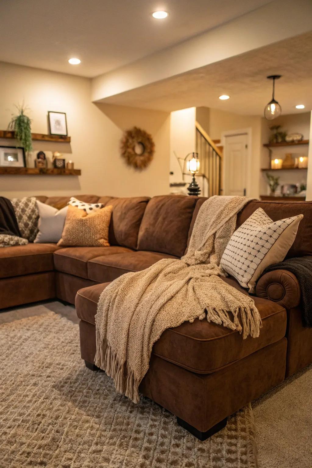 A brown sectional sofa transforms a corner into a cozy retreat.
