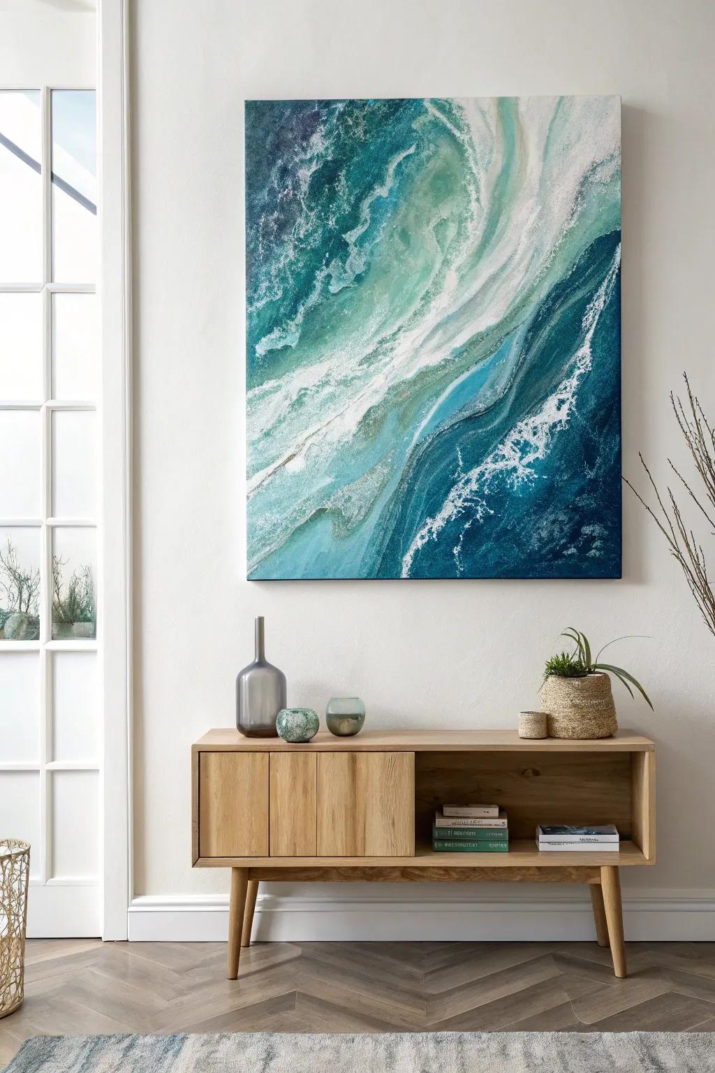 Bring the ocean's tranquility to your living room with abstract fluid art.