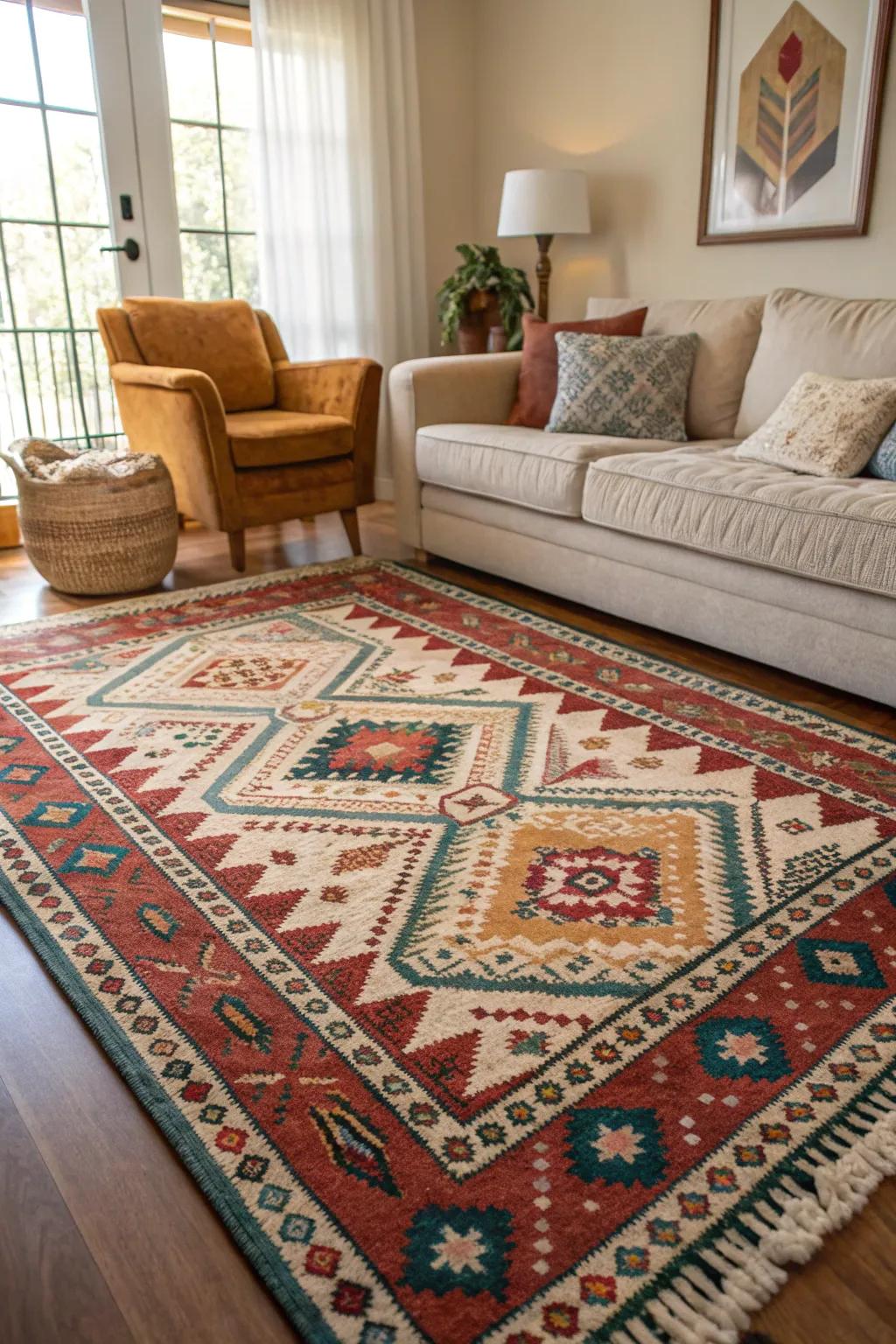 A large rug serves as the foundation of a well-coordinated living room.