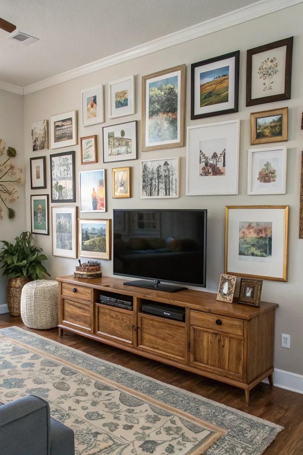A gallery wall can make your TV feel like a part of the art collection.