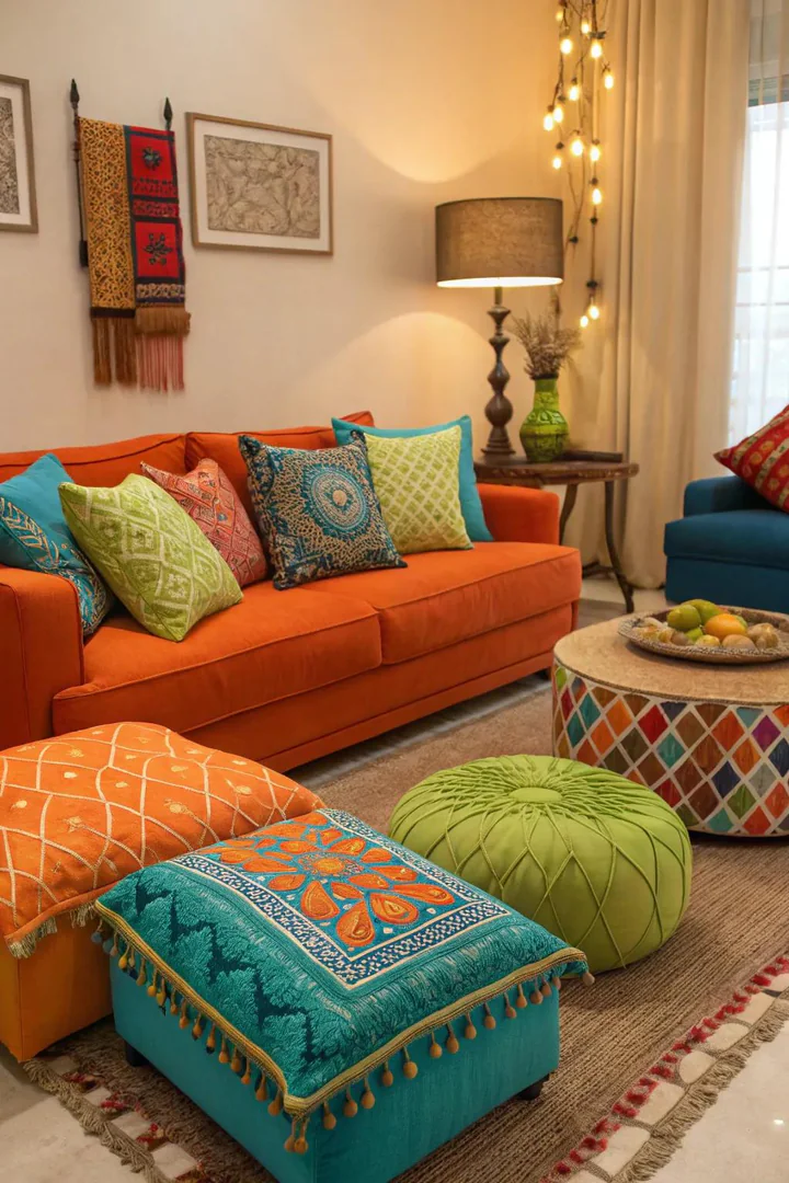 Vibrant colors add energy and contrast to the earthy tones of an African-themed room.
