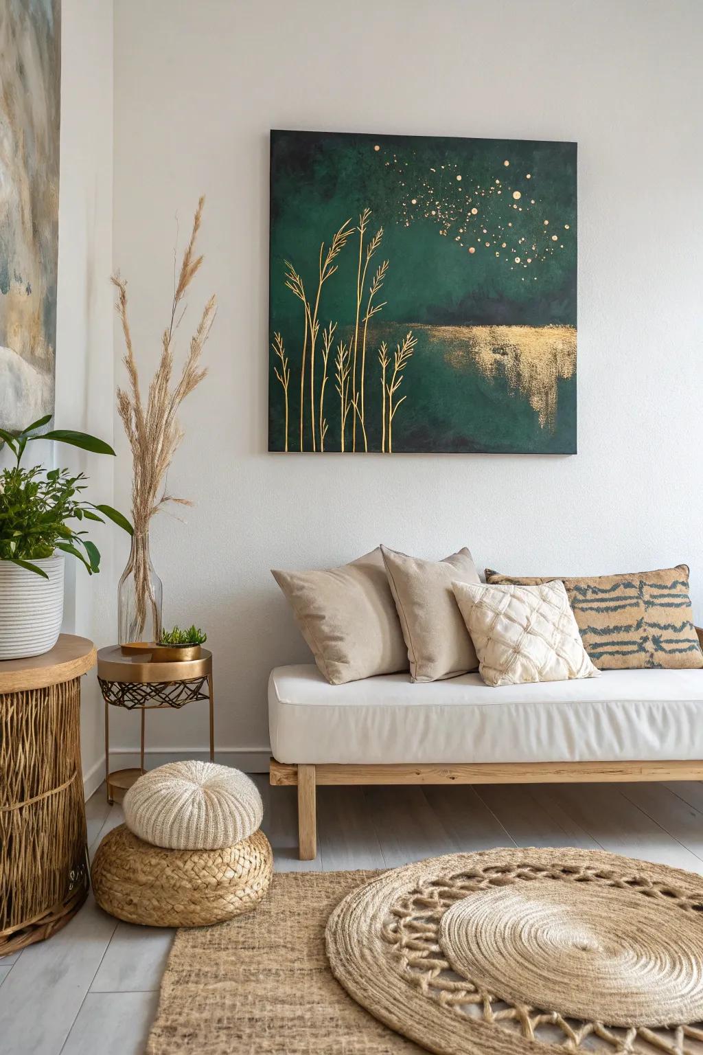 Elevate your living space with the subtle shimmer of metallic accents on a minimalist canvas.