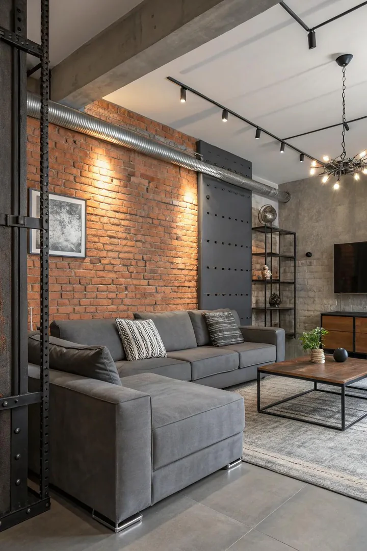 Industrial chic design adds urban flair to this living room.