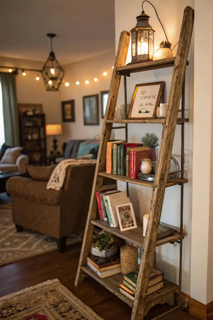 An old ladder finds new life as a creative bookshelf.