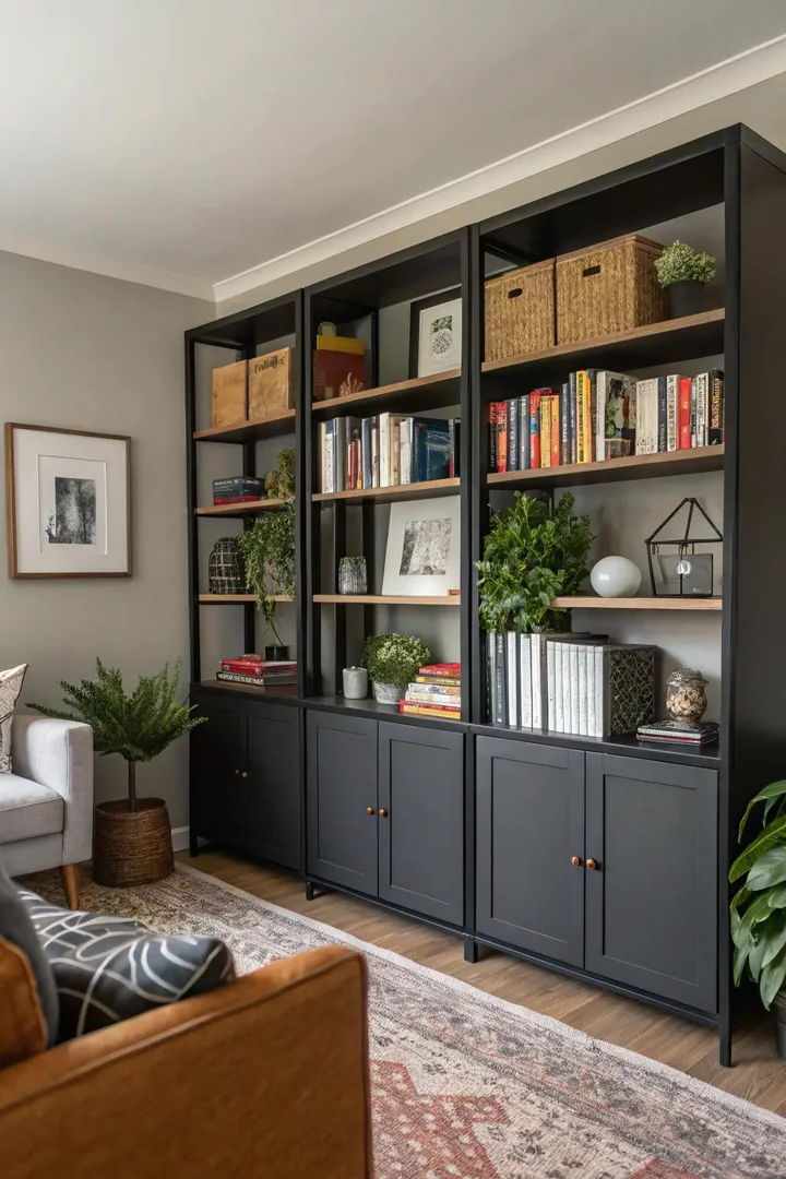 Black shelves with gray backing create a stylish display.