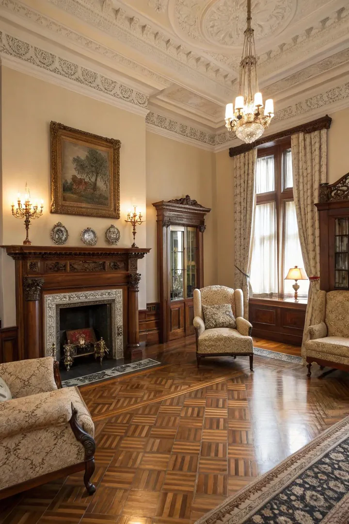 Parquet flooring adds elegance and geometric interest underfoot.