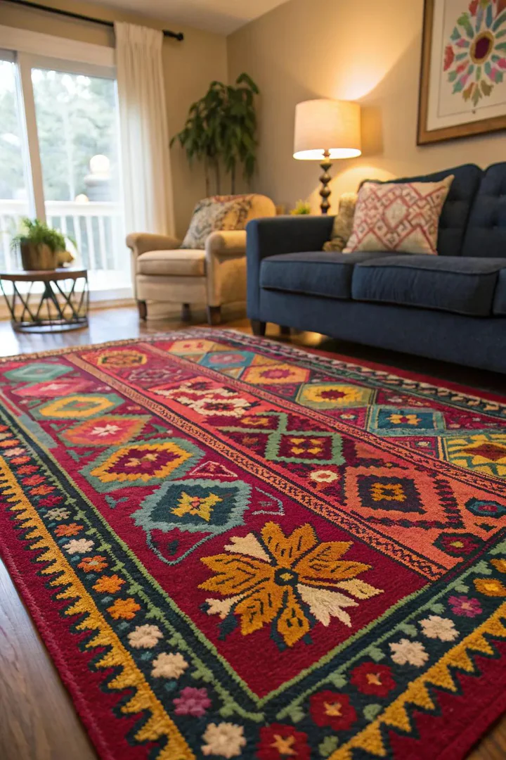 A statement rug adds bold color and pattern, anchoring the living room.