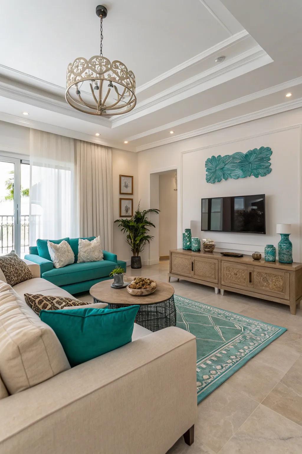 A modern aesthetic with clean lines lets teal and beige shine.