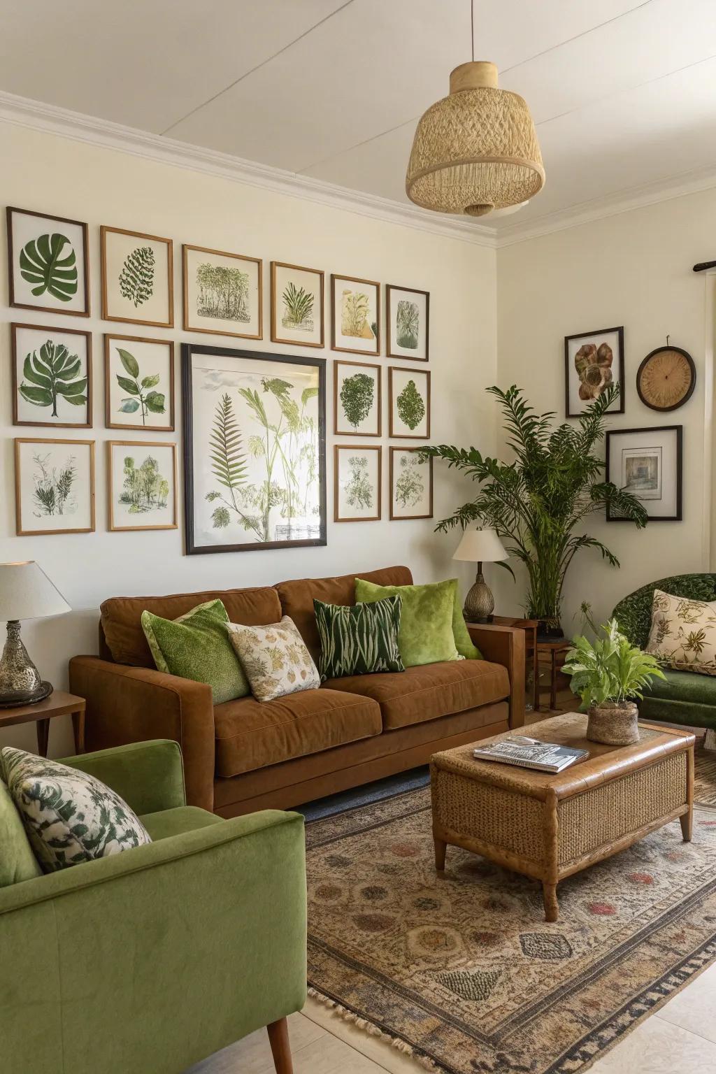 A gallery wall of nature-inspired art enlivens the space.