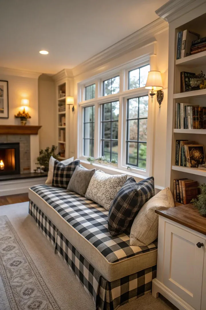 Buffalo plaid cushions enhance a cozy window seat.